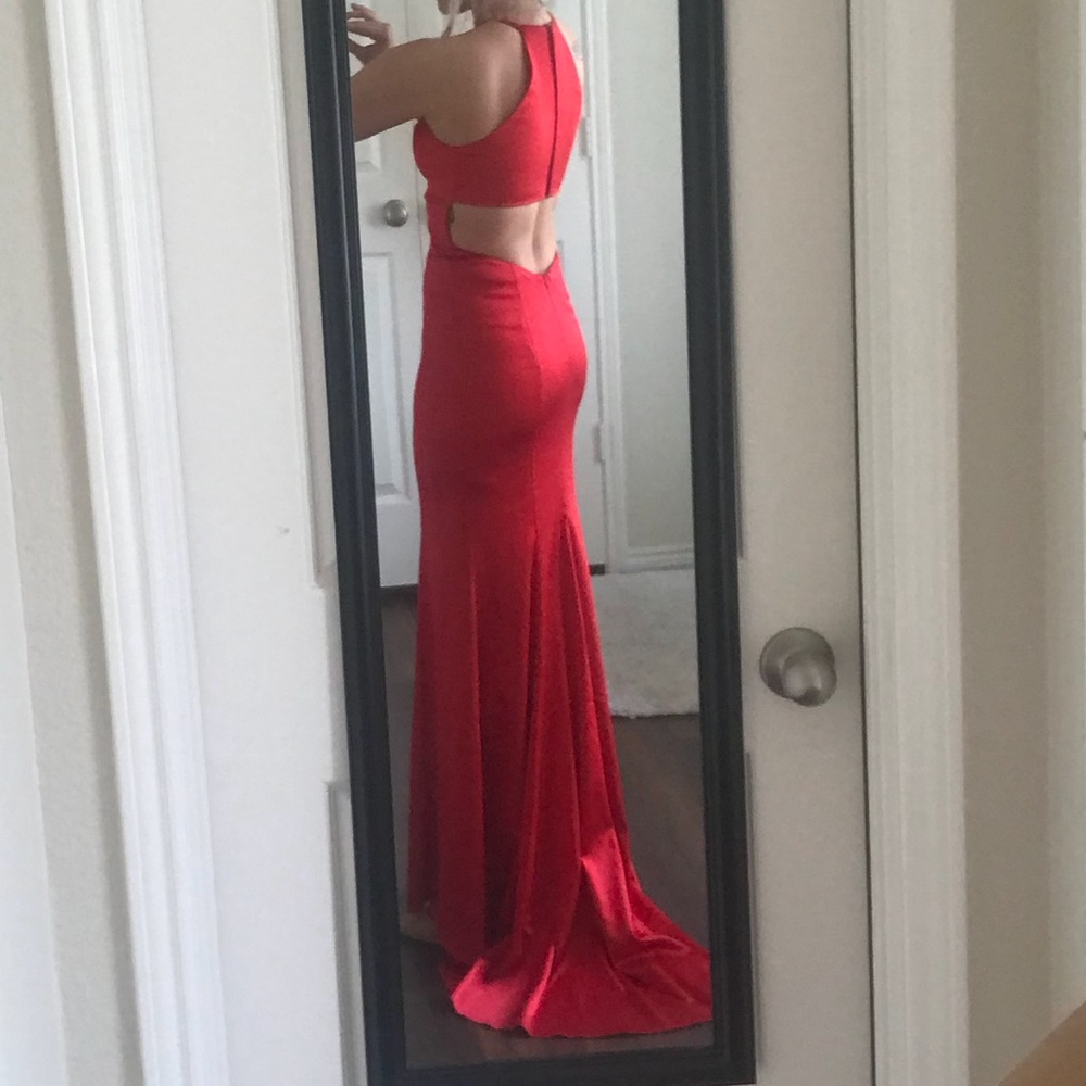 SOLD! Red high neck open back Sherri Hill gown - Picture 5 of 8